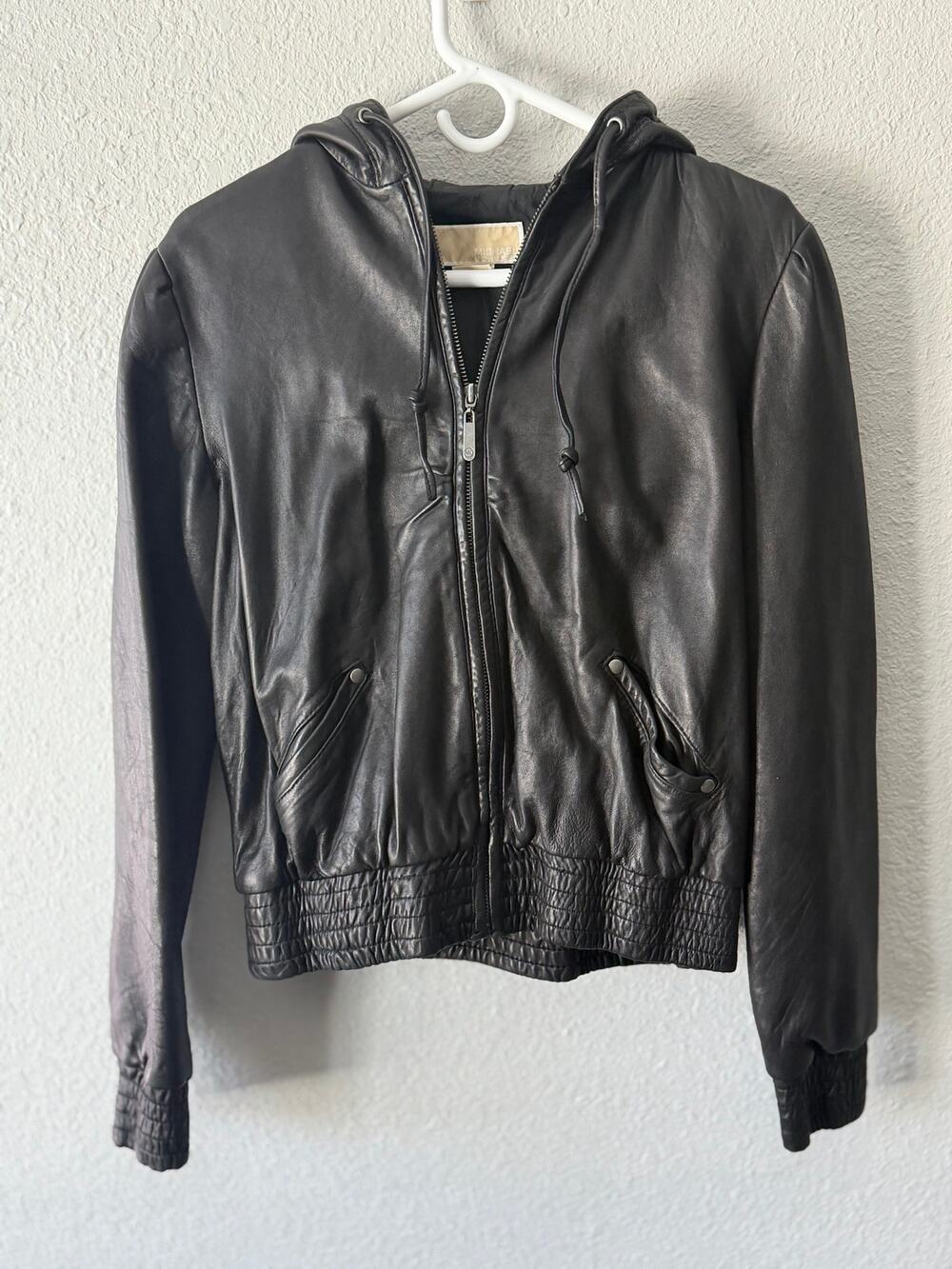 Michael Kors Black Leather Hooded Bomber Jacket women’s size XL